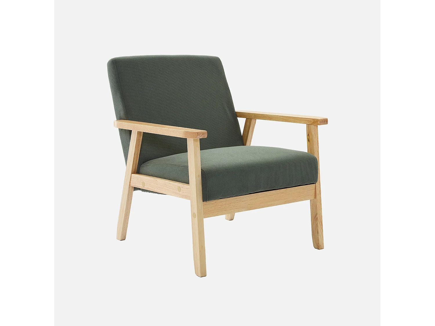 Poltrona scandinava in legno e velluto a coste, kaki