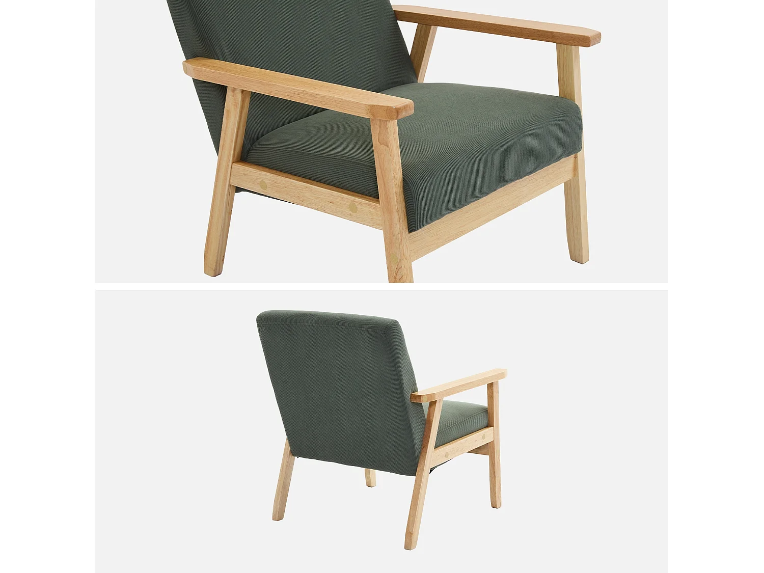 Poltrona scandinava in legno e velluto a coste, kaki