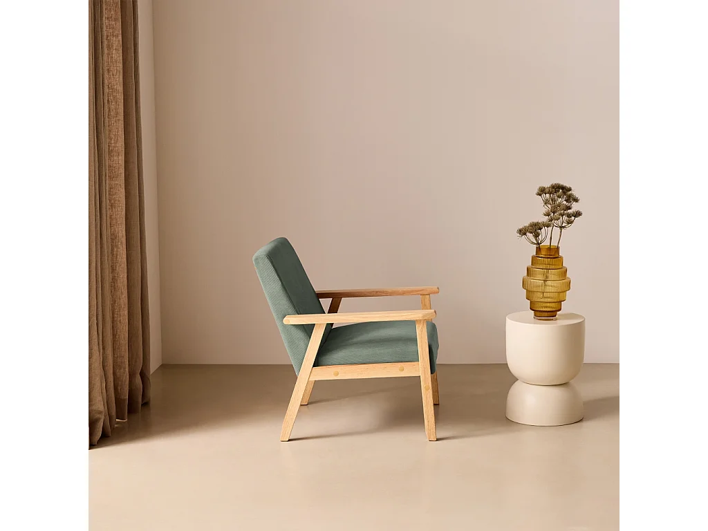 Fauteuil vintage / scandinave structure en bois et contreplaqué et assise en velours côtelé vert kaki