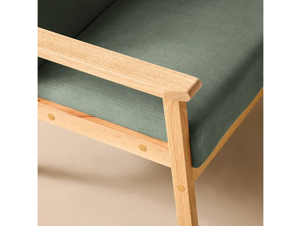 Fauteuil vintage / scandinave structure en bois et contreplaqué et assise en velours côtelé vert kaki