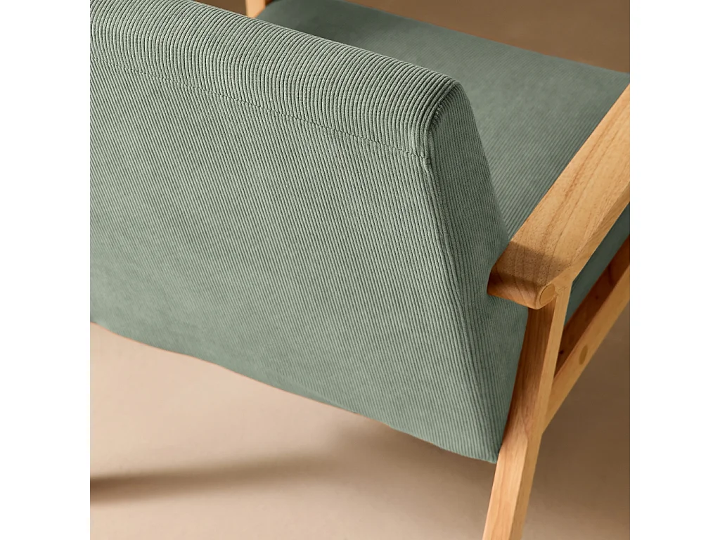 Fauteuil vintage / scandinave structure en bois et contreplaqué et assise en velours côtelé vert kaki