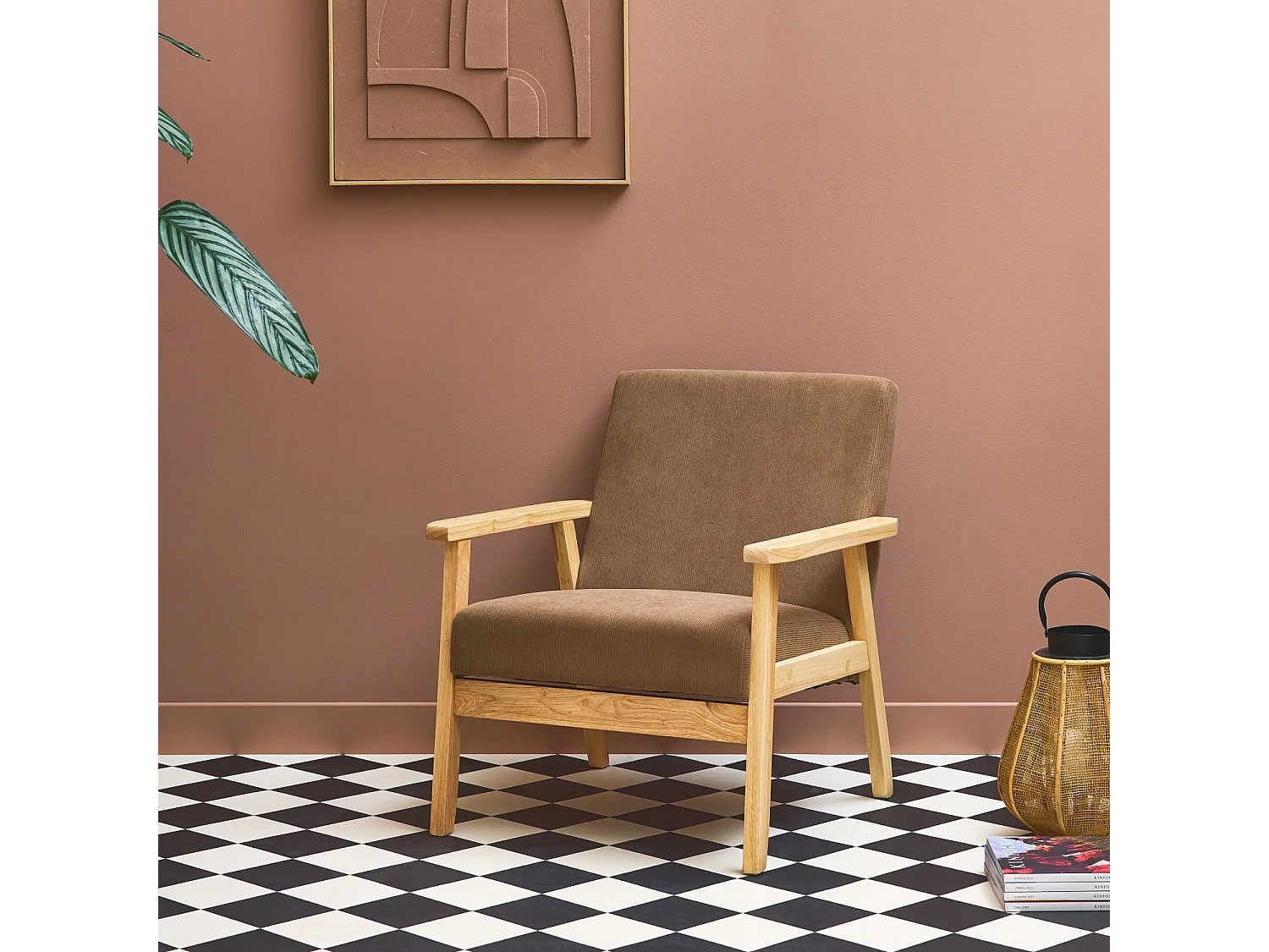 Fauteuil vintage / scandinave structure en bois et contreplaqué et assise en velours côtelé taupe