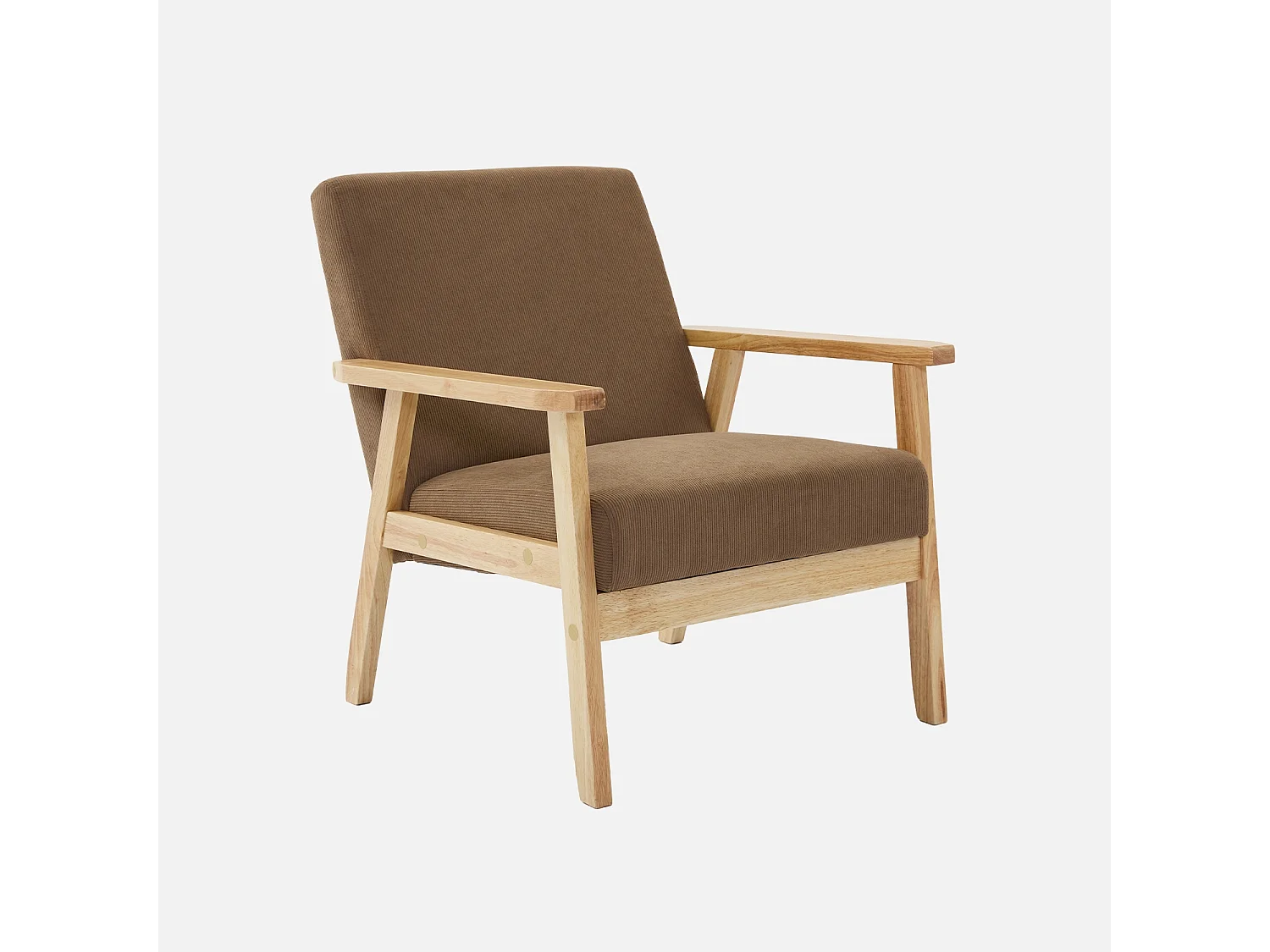 Fauteuil vintage / scandinave structure en bois et contreplaqué et assise en velours côtelé taupe