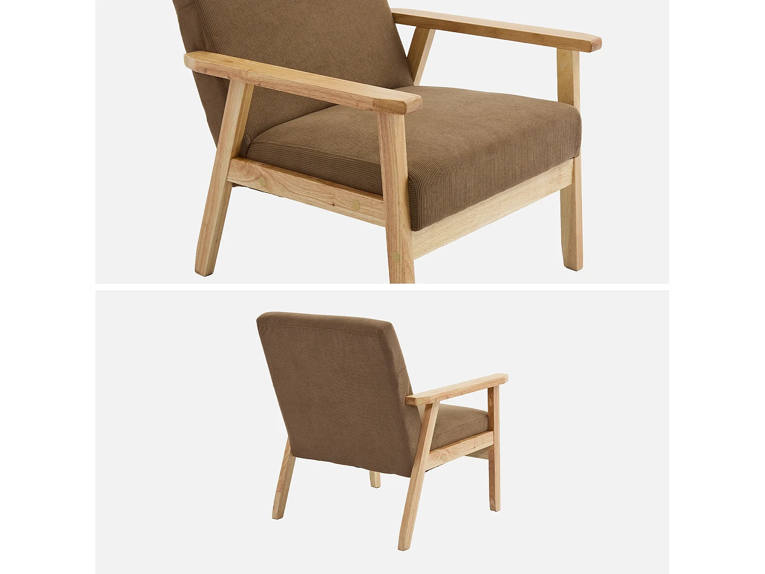 Fauteuil vintage / scandinave structure en bois et contreplaqué et assise en velours côtelé taupe