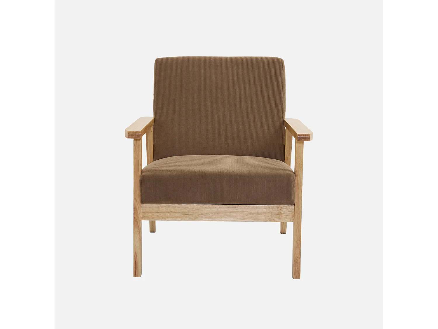 Fauteuil vintage / scandinave structure en bois et contreplaqué et assise en velours côtelé taupe