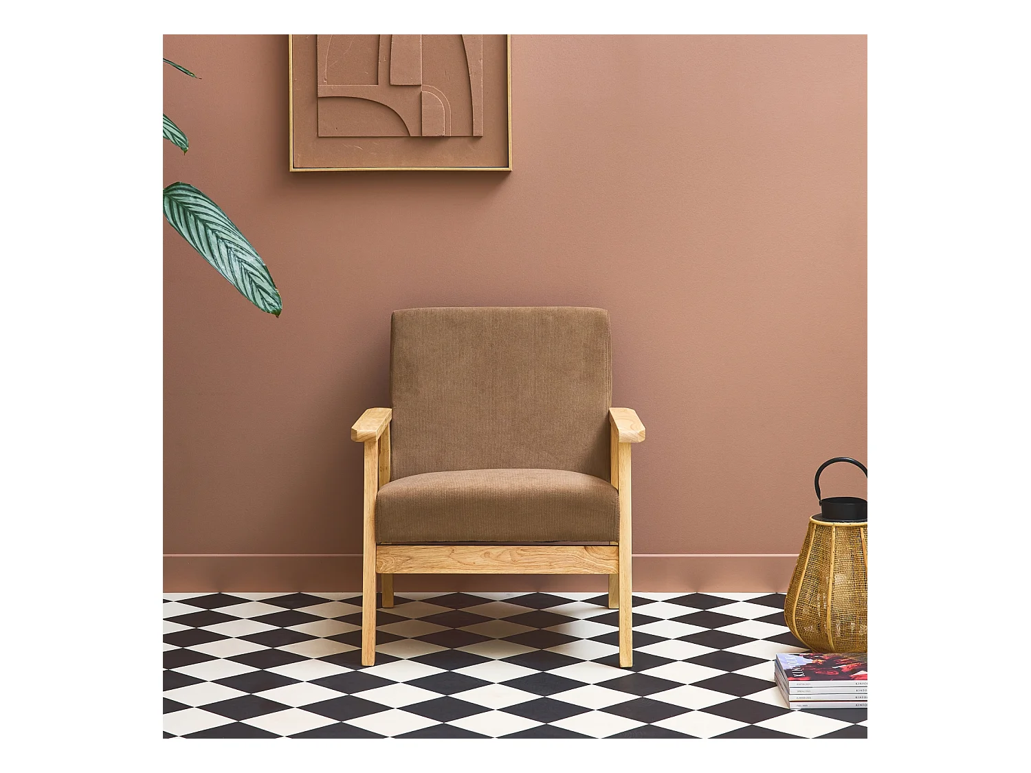 Fauteuil vintage / scandinave structure en bois et contreplaqué et assise en velours côtelé taupe