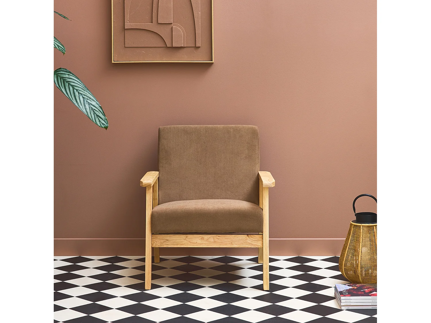 Fauteuil vintage / scandinave structure en bois et contreplaqué et assise en velours côtelé taupe