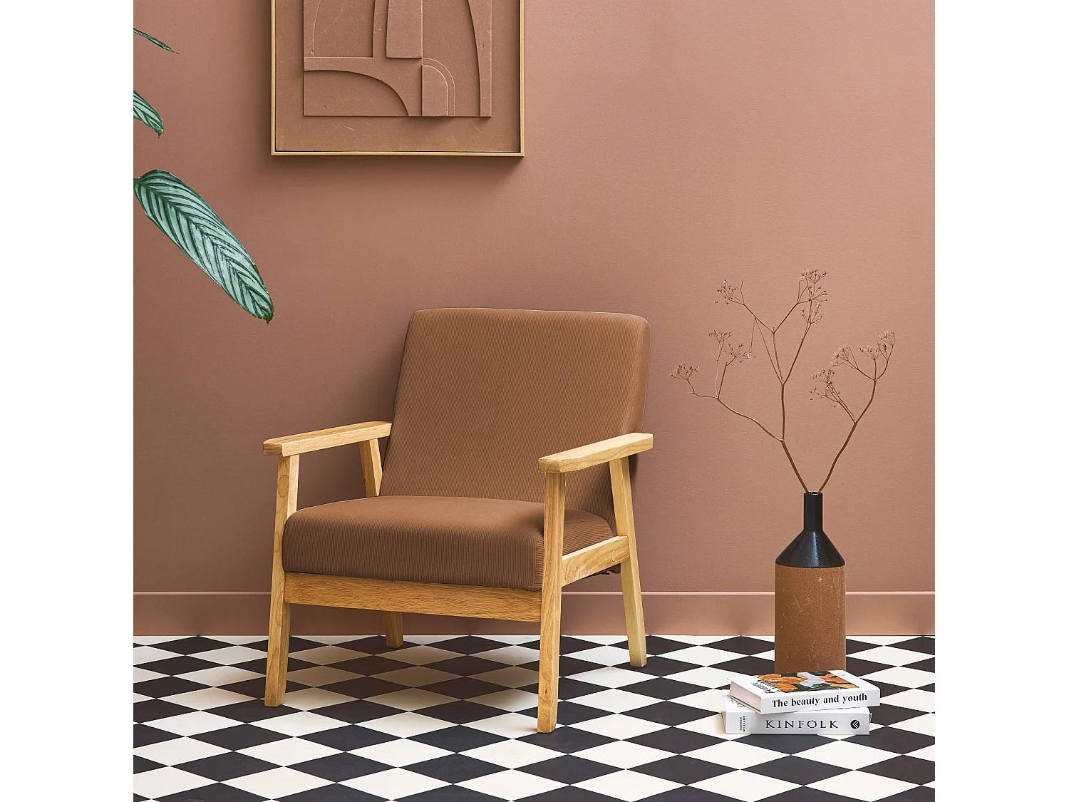 Fauteuil vintage / scandinave structure en bois et contreplaqué et assise en velours côtelé coloris marron