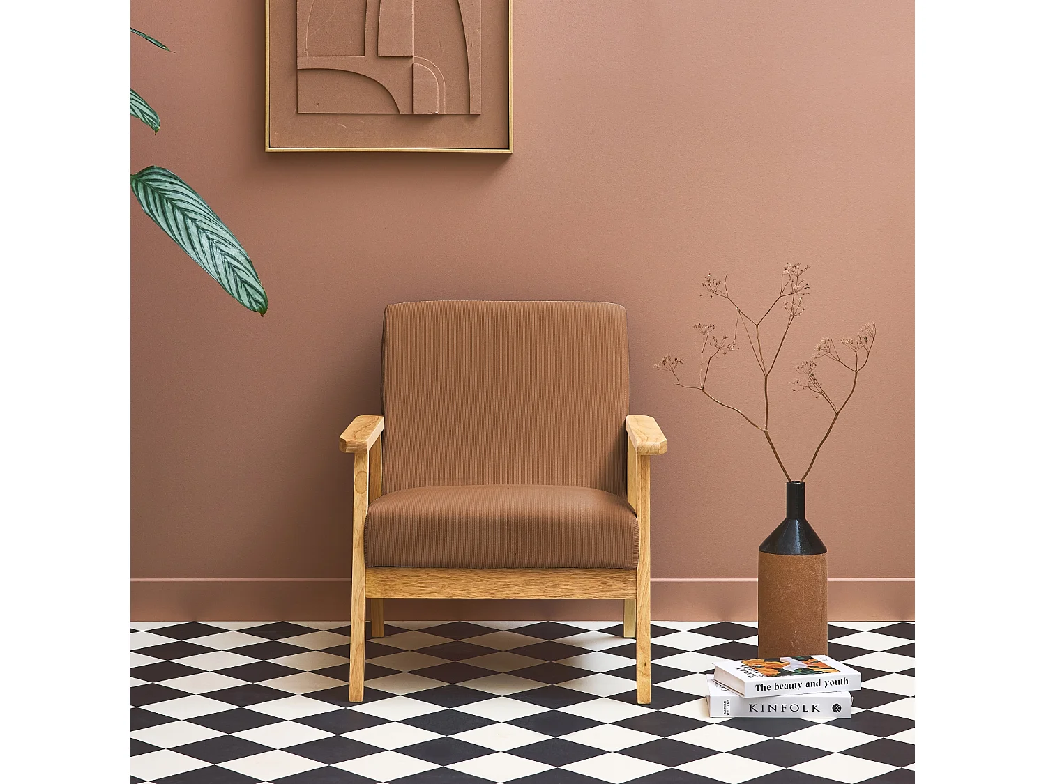 Fauteuil vintage / scandinave structure en bois et contreplaqué et assise en velours côtelé coloris marron