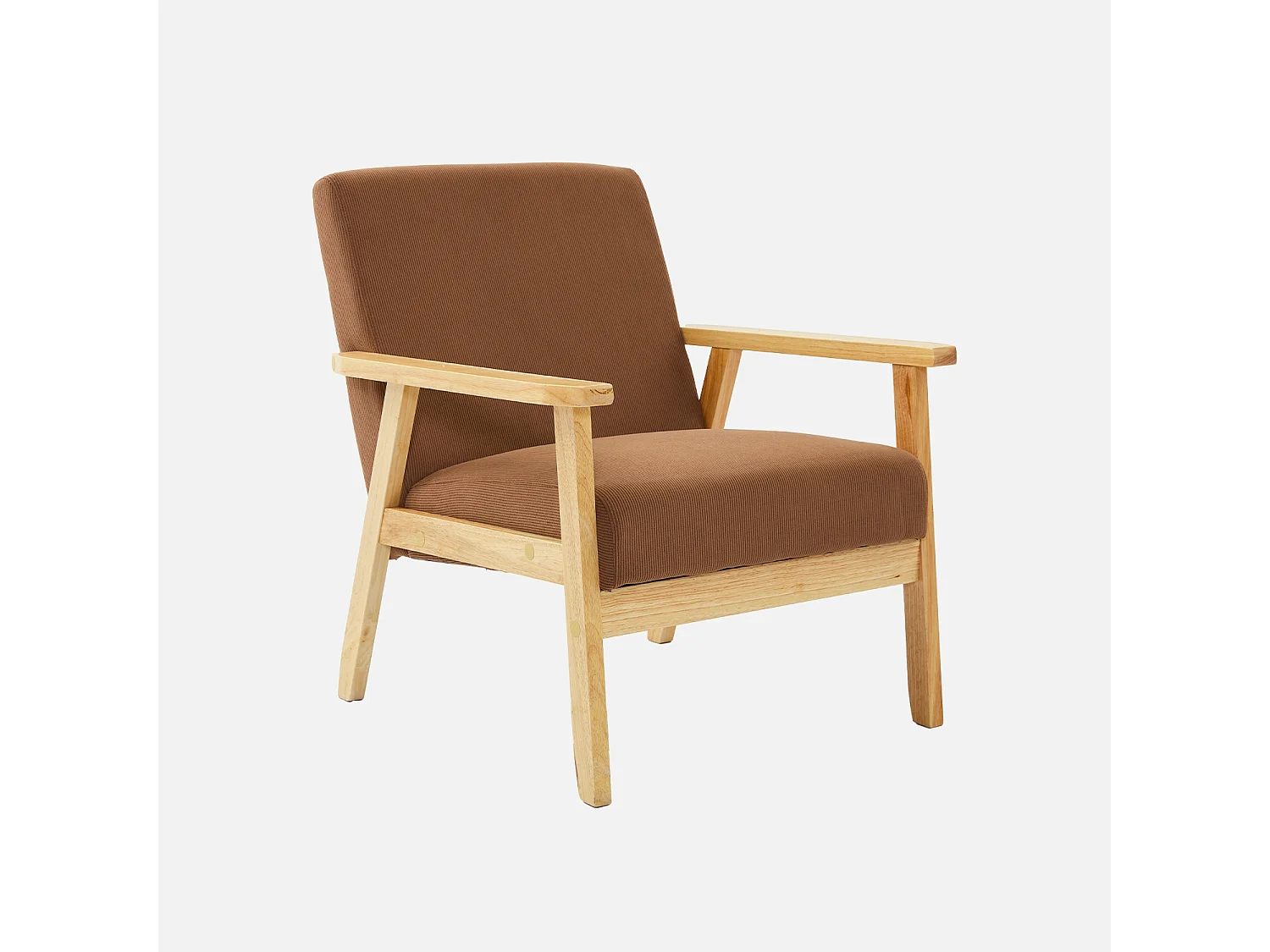 Fauteuil vintage / scandinave structure en bois et contreplaqué et assise en velours côtelé coloris marron