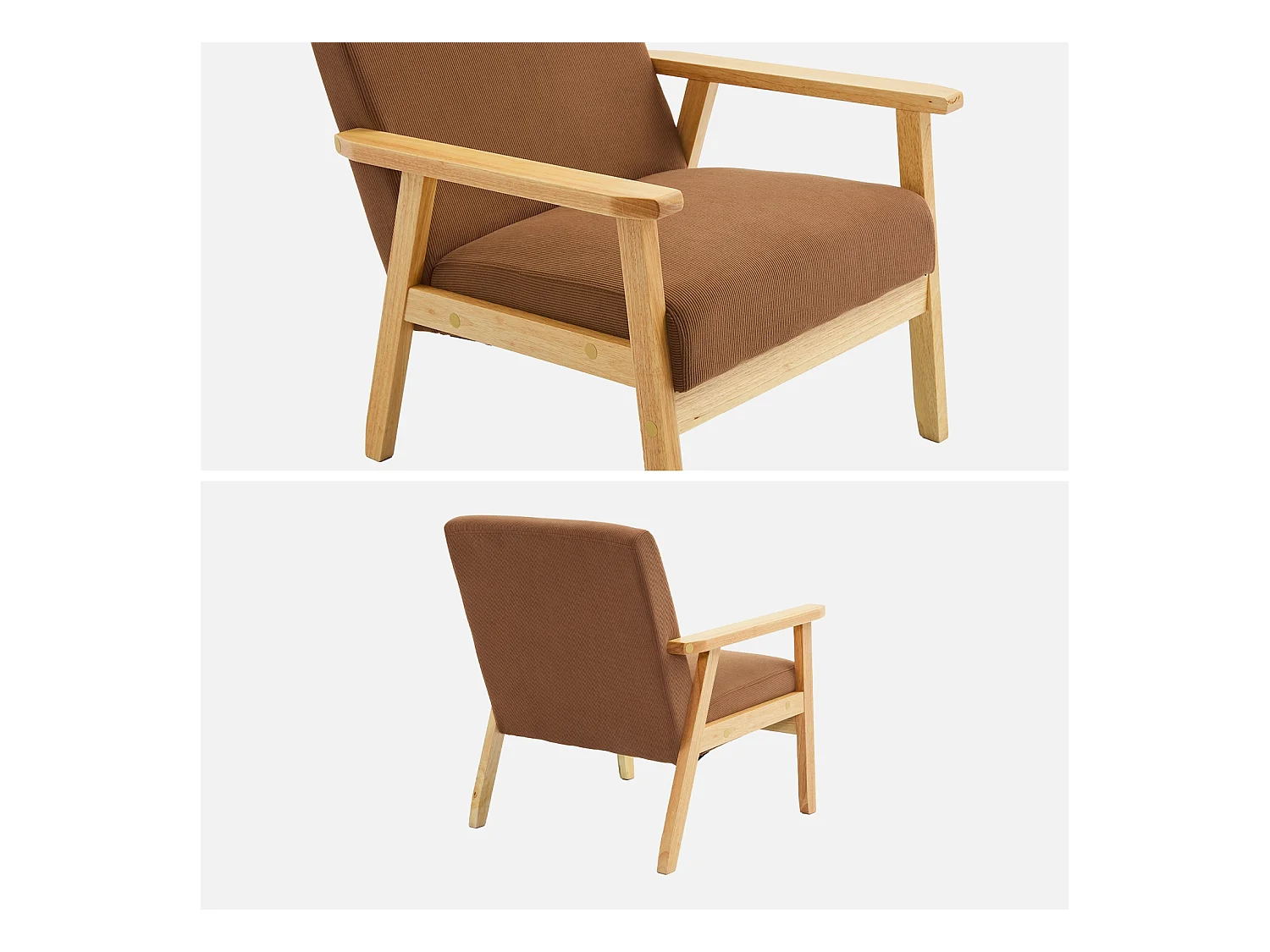 Fauteuil vintage / scandinave structure en bois et contreplaqué et assise en velours côtelé coloris marron