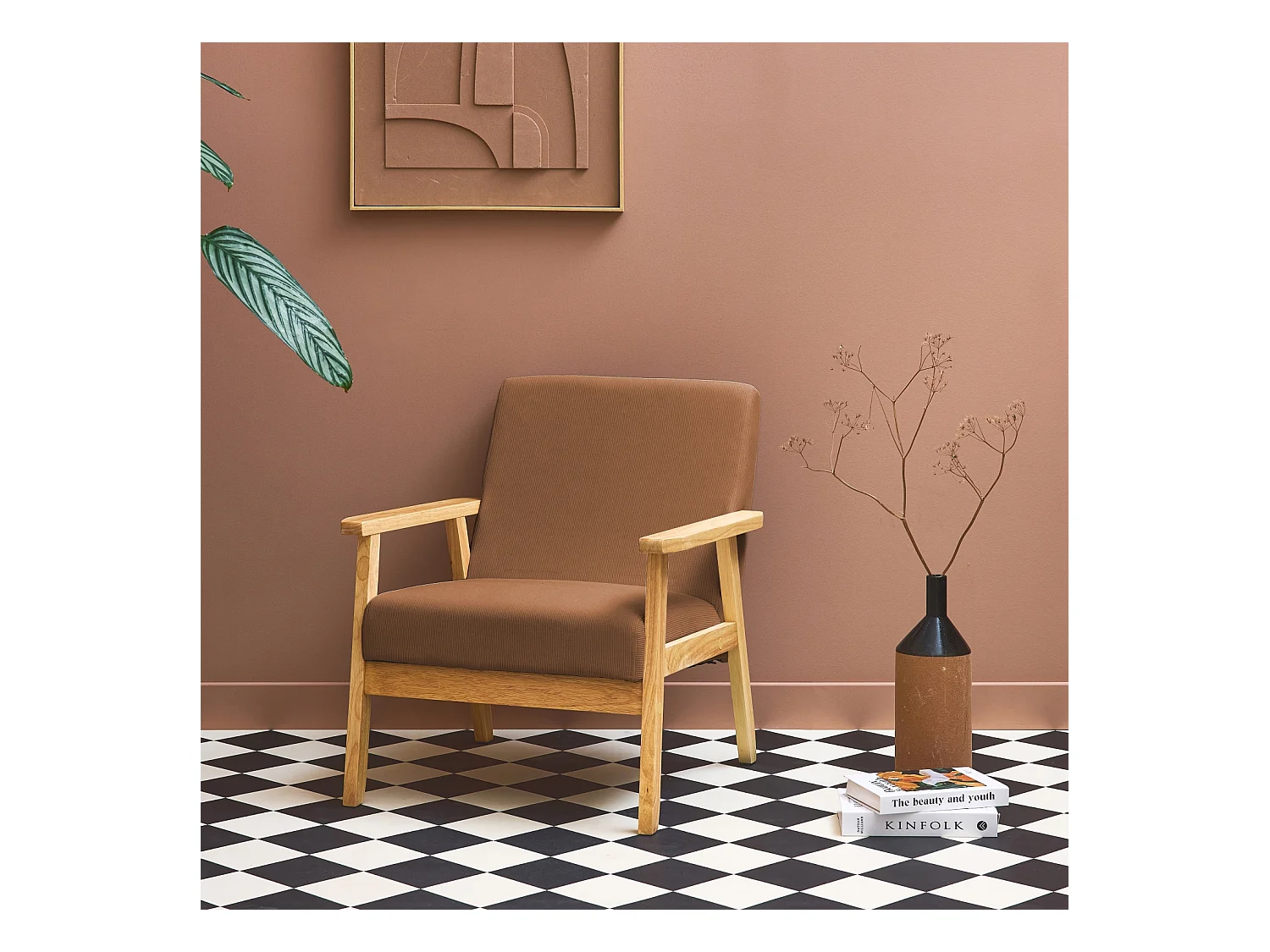 Fauteuil vintage / scandinave structure en bois et contreplaqué et assise en velours côtelé coloris marron