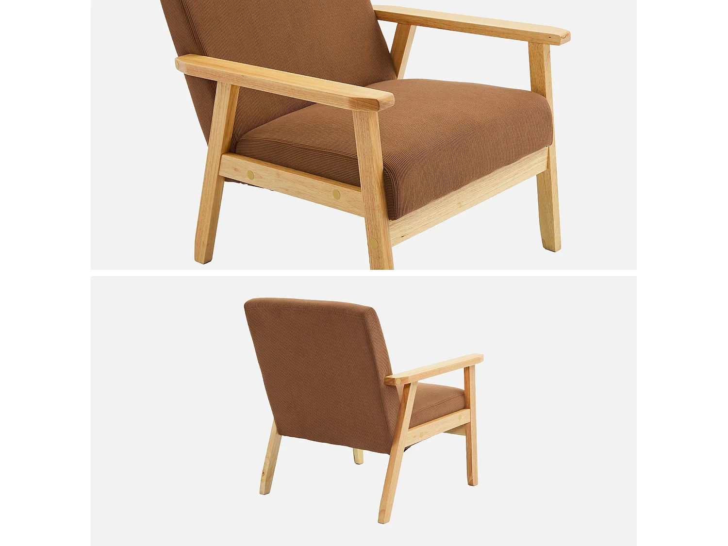 Fauteuil vintage / scandinave structure en bois et contreplaqué et assise en velours côtelé coloris marron