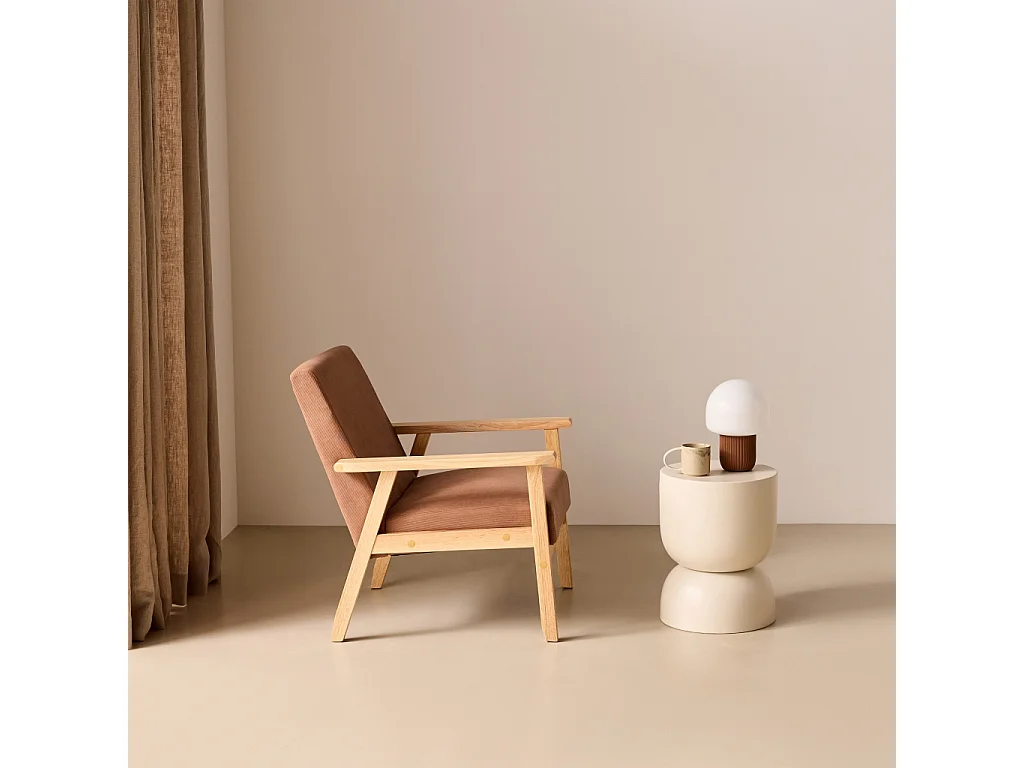 Poltrona scandinava in legno e velluto a coste, Isak velluto a coste, Marrone, 64x69.5x73 cm