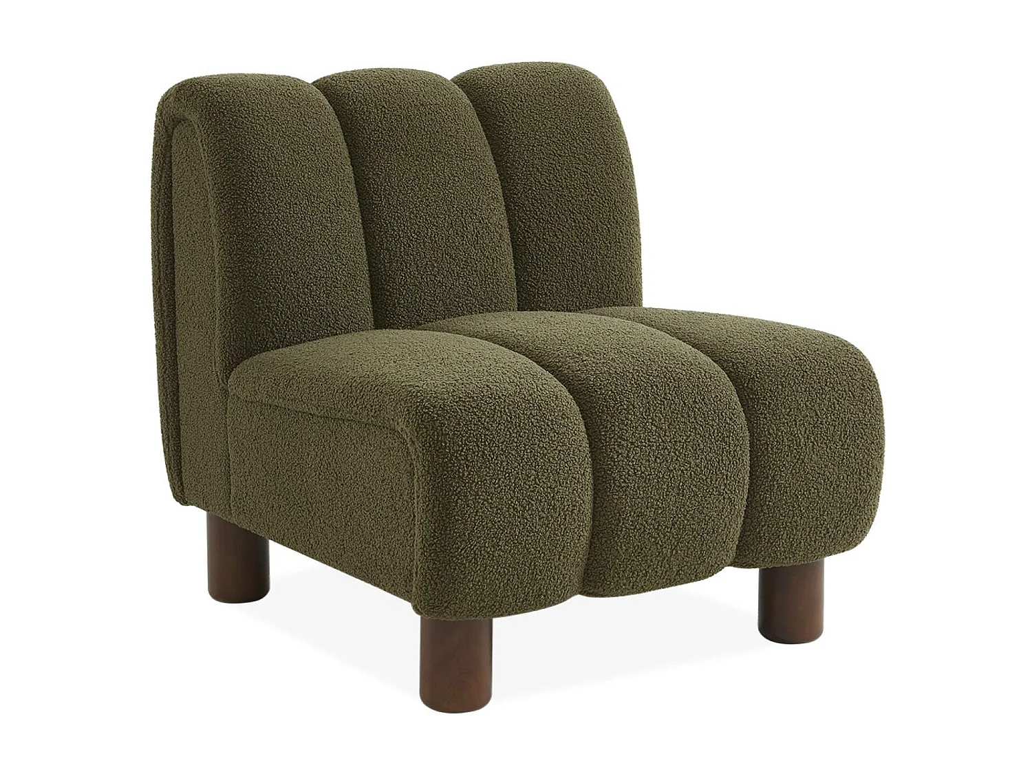 Poltrona relax con gambe rotonde in legno e tessuto bouclé, kaki