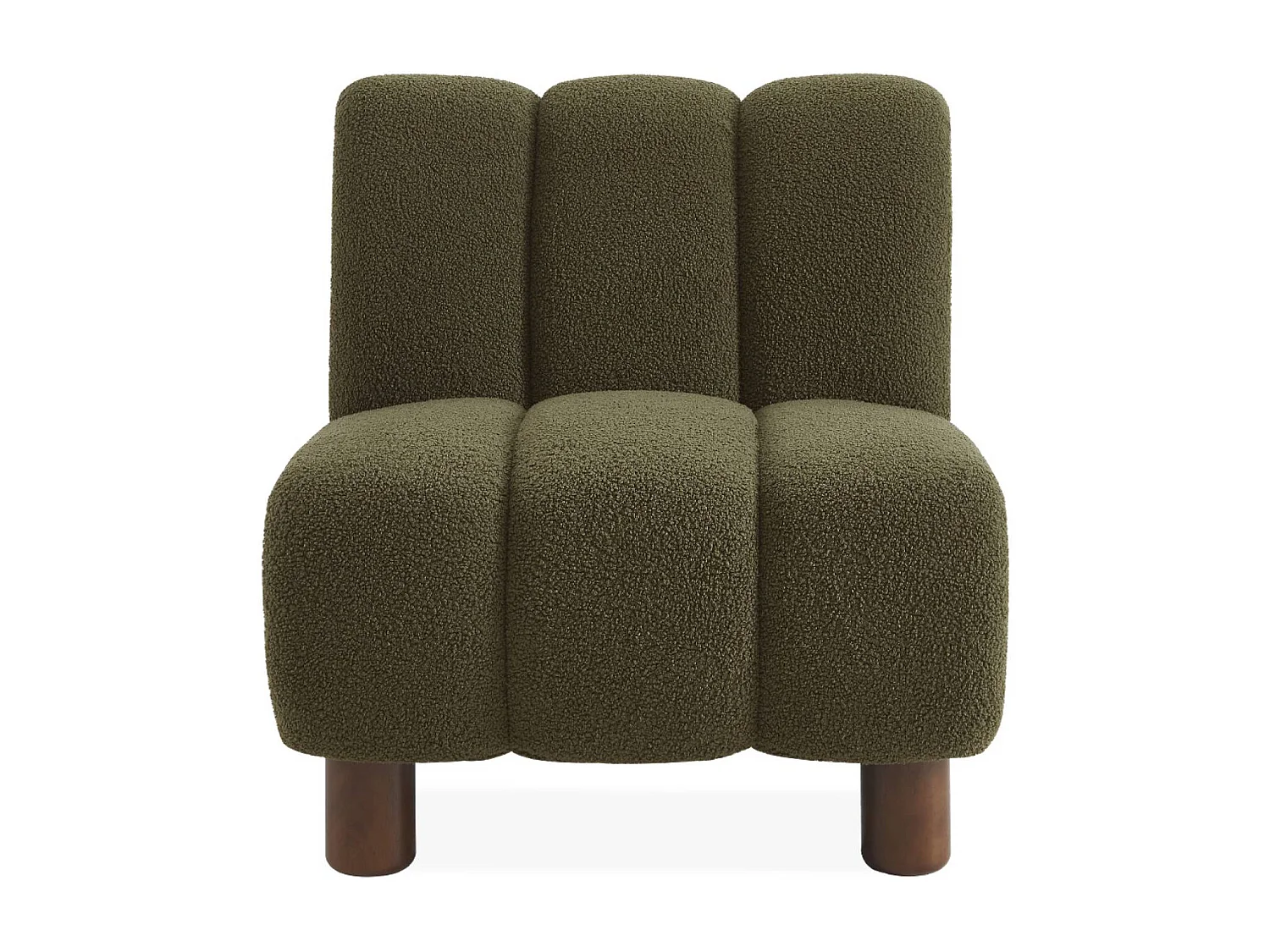 Poltrona relax con gambe rotonde in legno e tessuto bouclé, kaki