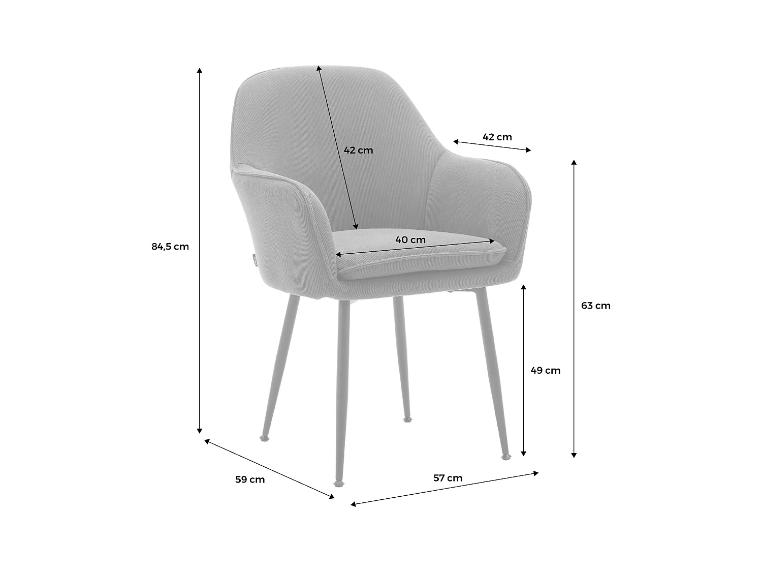 Lot de 2 fauteuils en velours côtelé camel et pieds en métal noir mat. L 57 x P 59 x H 84.5