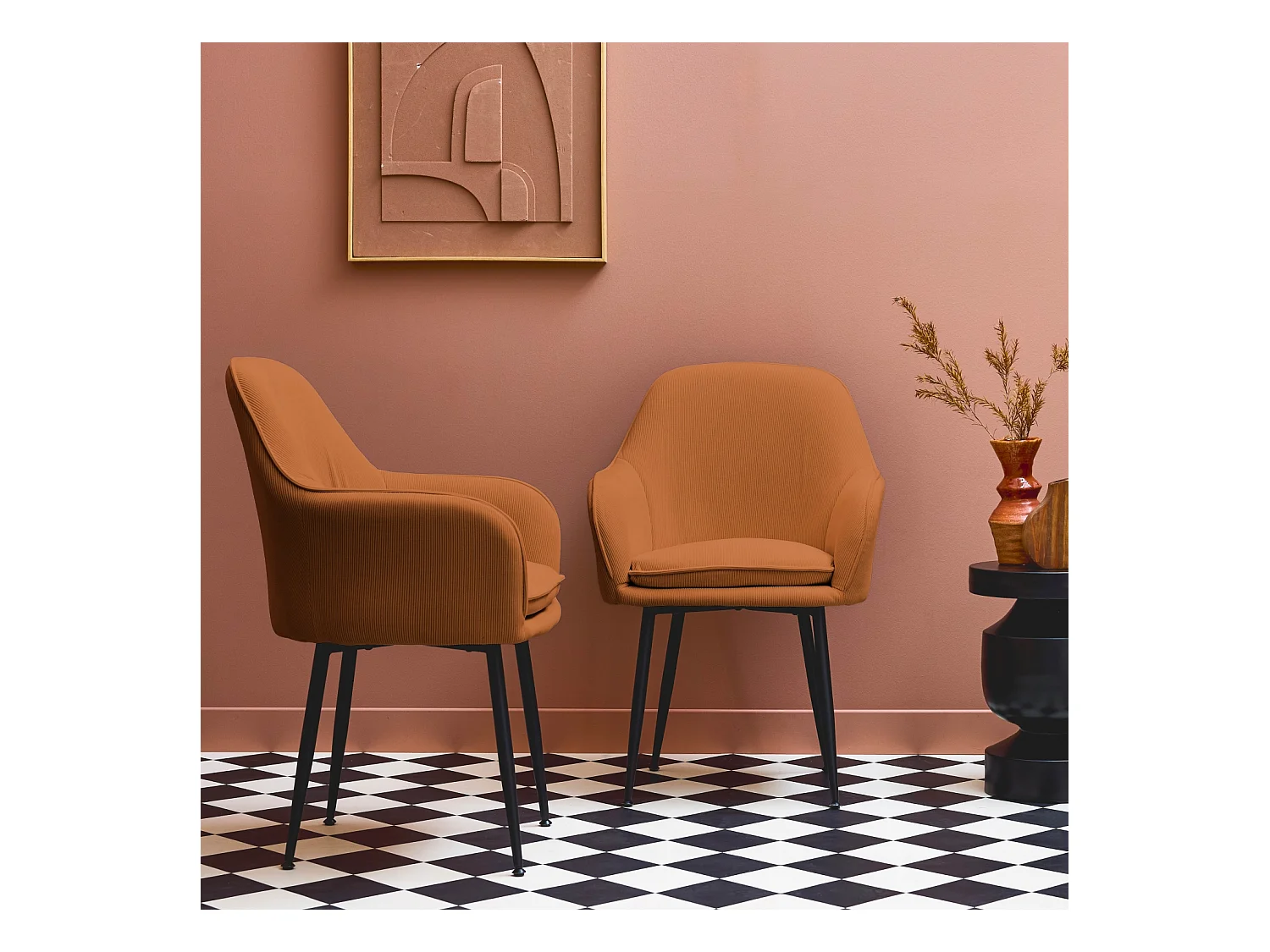 Sillón de pana con patas de metal negro mate, set de 2 camel