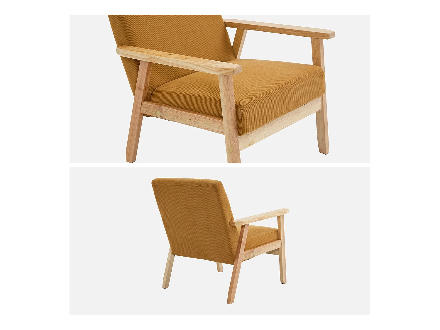 Poltrona scandinava in legno e velluto a coste, mostarda