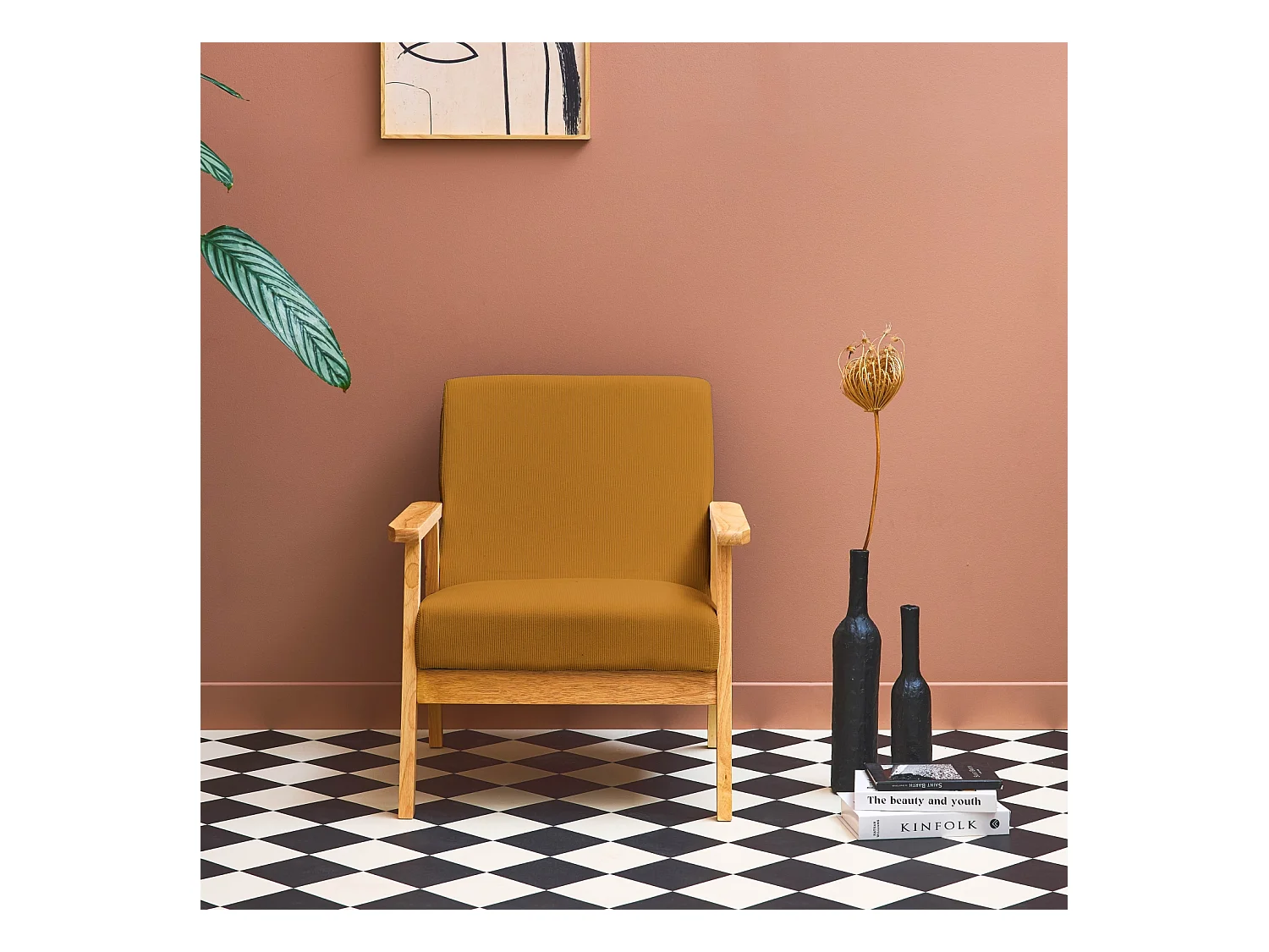 Fauteuil vintage / scandinave structure en bois et contreplaqué et assise en velours côtelé coloris moutarde