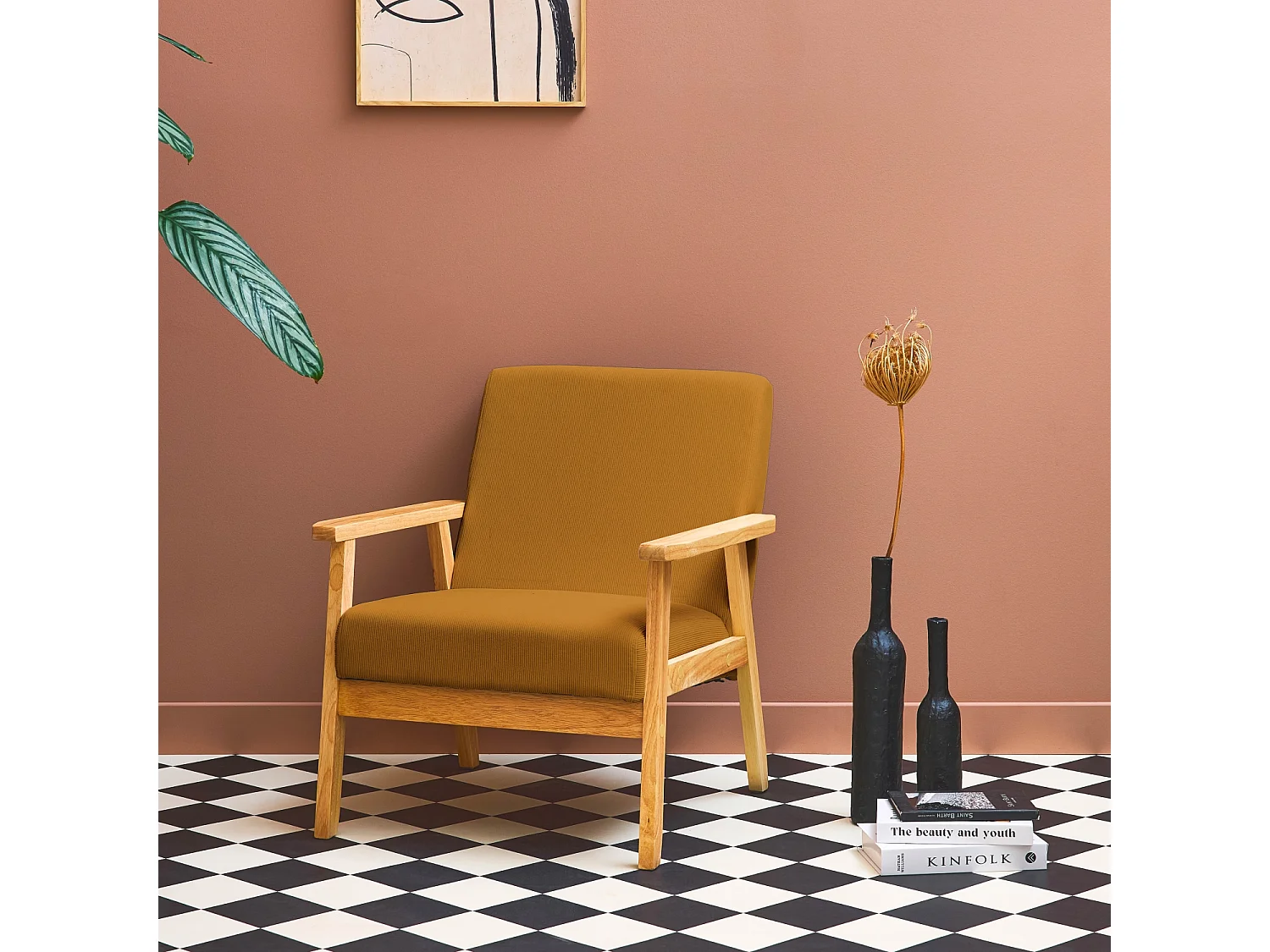 Fauteuil vintage / scandinave structure en bois et contreplaqué et assise en velours côtelé coloris moutarde