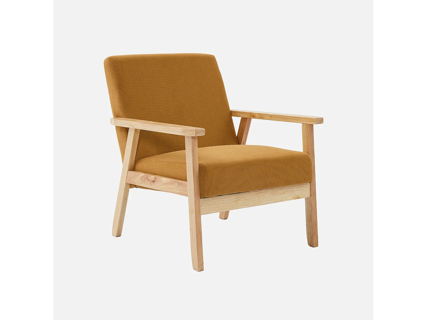 Fauteuil vintage / scandinave structure en bois et contreplaqué et assise en velours côtelé coloris moutarde