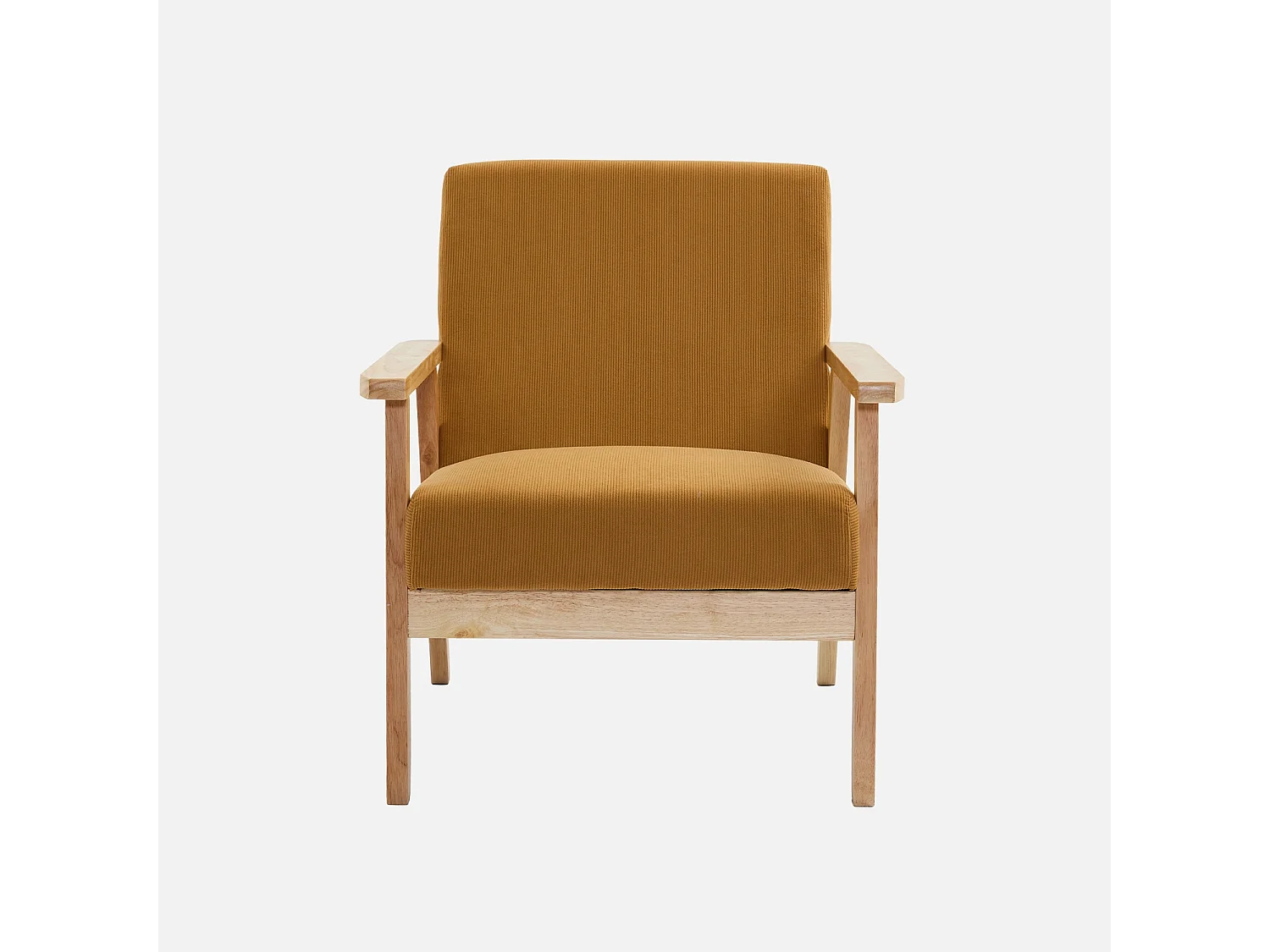 Fauteuil vintage / scandinave structure en bois et contreplaqué et assise en velours côtelé coloris moutarde