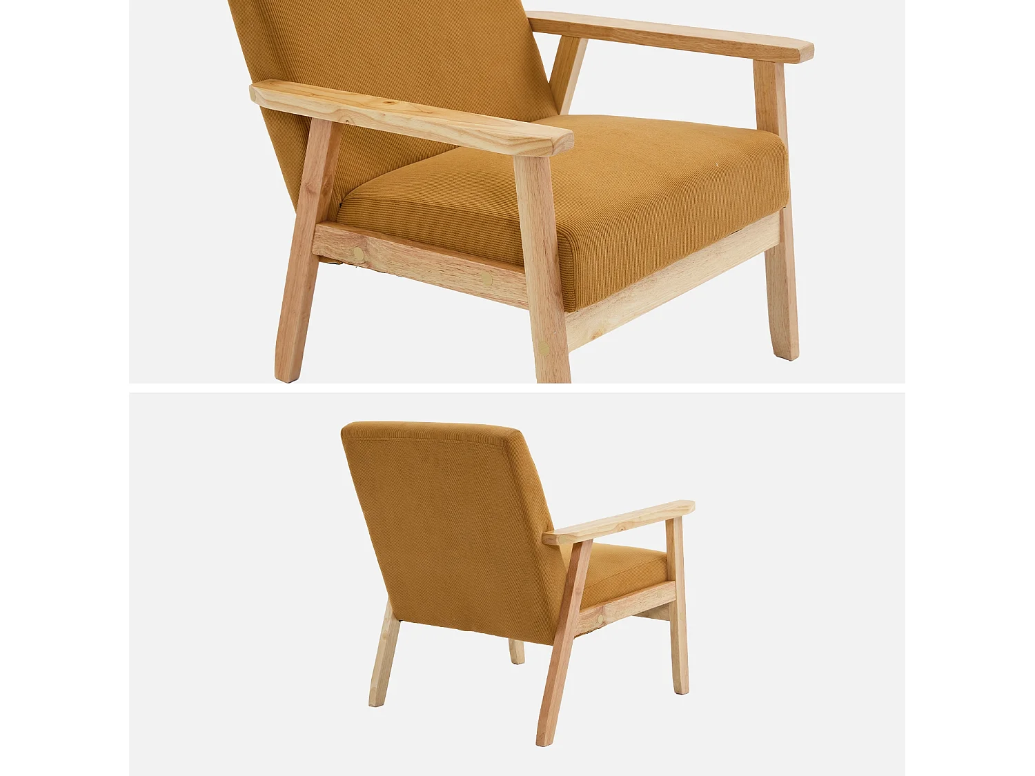 Fauteuil vintage / scandinave structure en bois et contreplaqué et assise en velours côtelé coloris moutarde