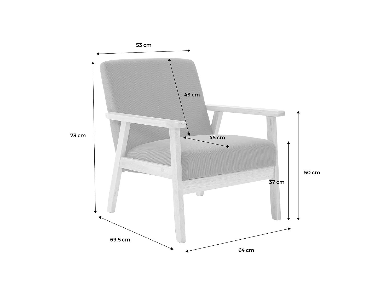 Fauteuil vintage / scandinave structure en bois et contreplaqué et assise en velours côtelé coloris moutarde