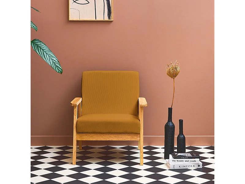 Fauteuil vintage / scandinave structure en bois et contreplaqué et assise en velours côtelé coloris moutarde