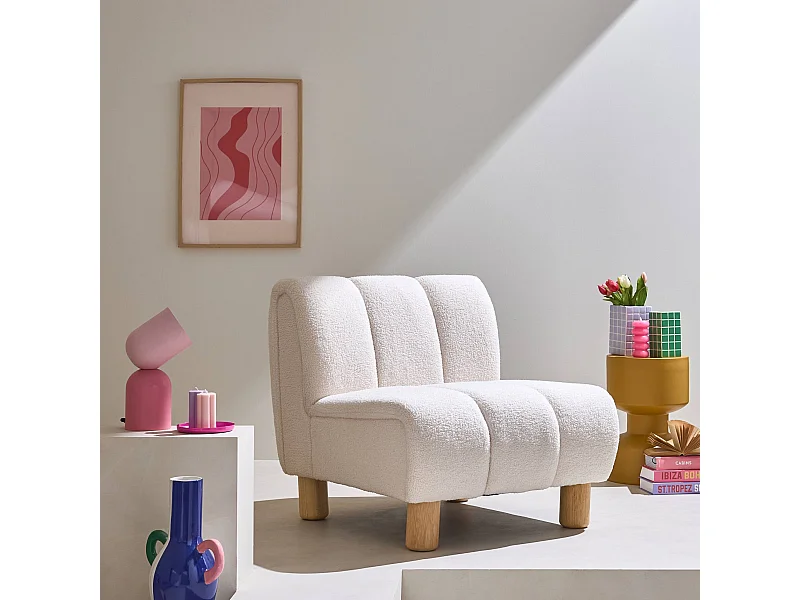 Fauteuil relax pieds arrondis en bois et tissu crème blanc