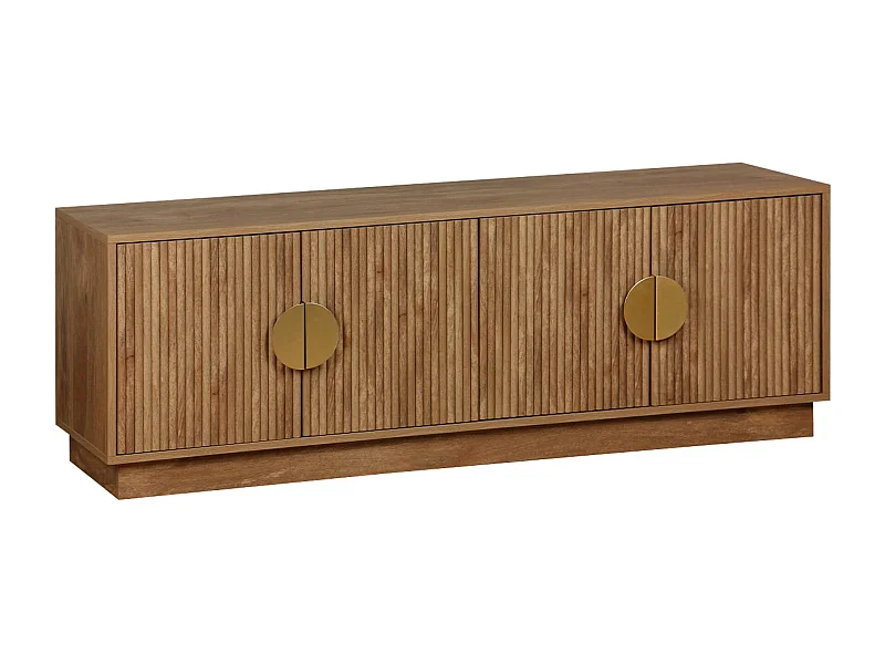 Meuble TV exotique 4 portes décor bois de manguier. poignées en métal doré L 140 x P 40 x H 48cm