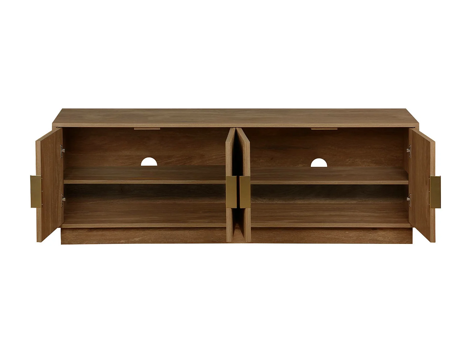 Meuble TV exotique 4 portes décor bois de manguier. poignées en métal doré L 140 x P 40 x H 48cm