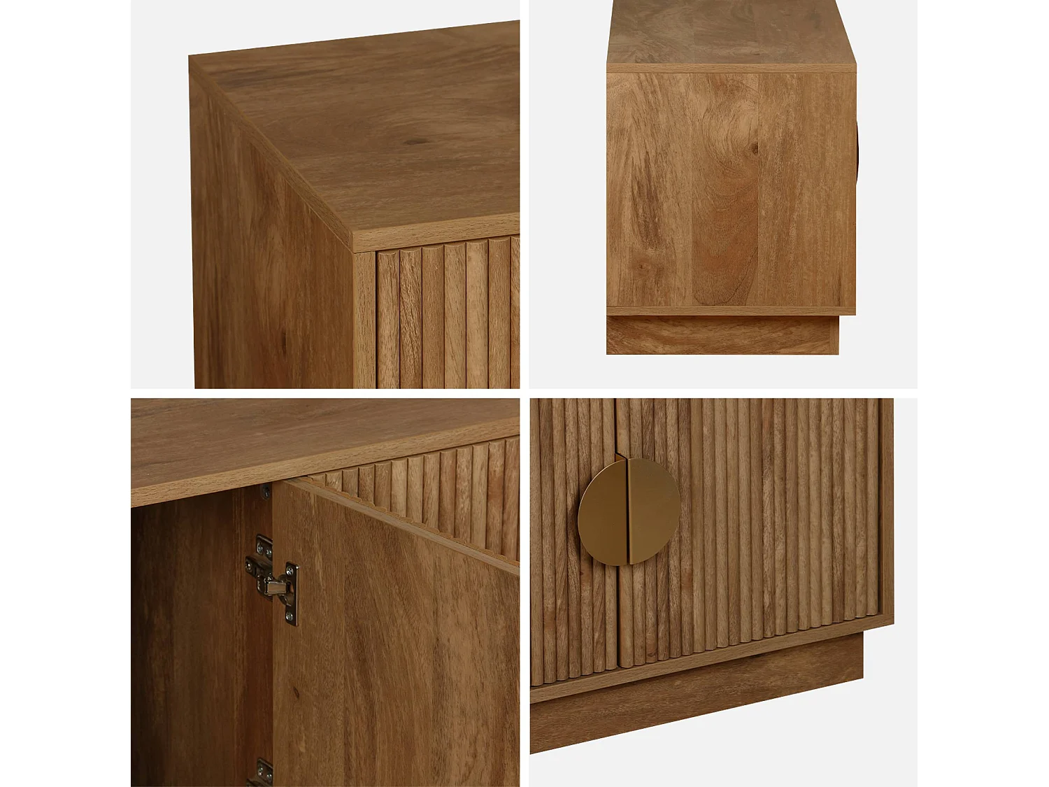 Meuble TV exotique 4 portes décor bois de manguier. poignées en métal doré L 140 x P 40 x H 48cm