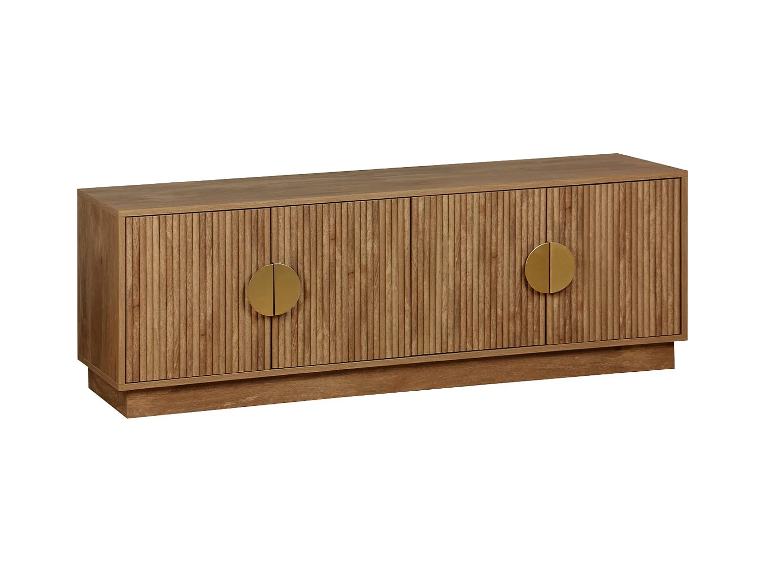 Meuble TV exotique 4 portes décor bois de manguier. poignées en métal doré L 140 x P 40 x H 48cm