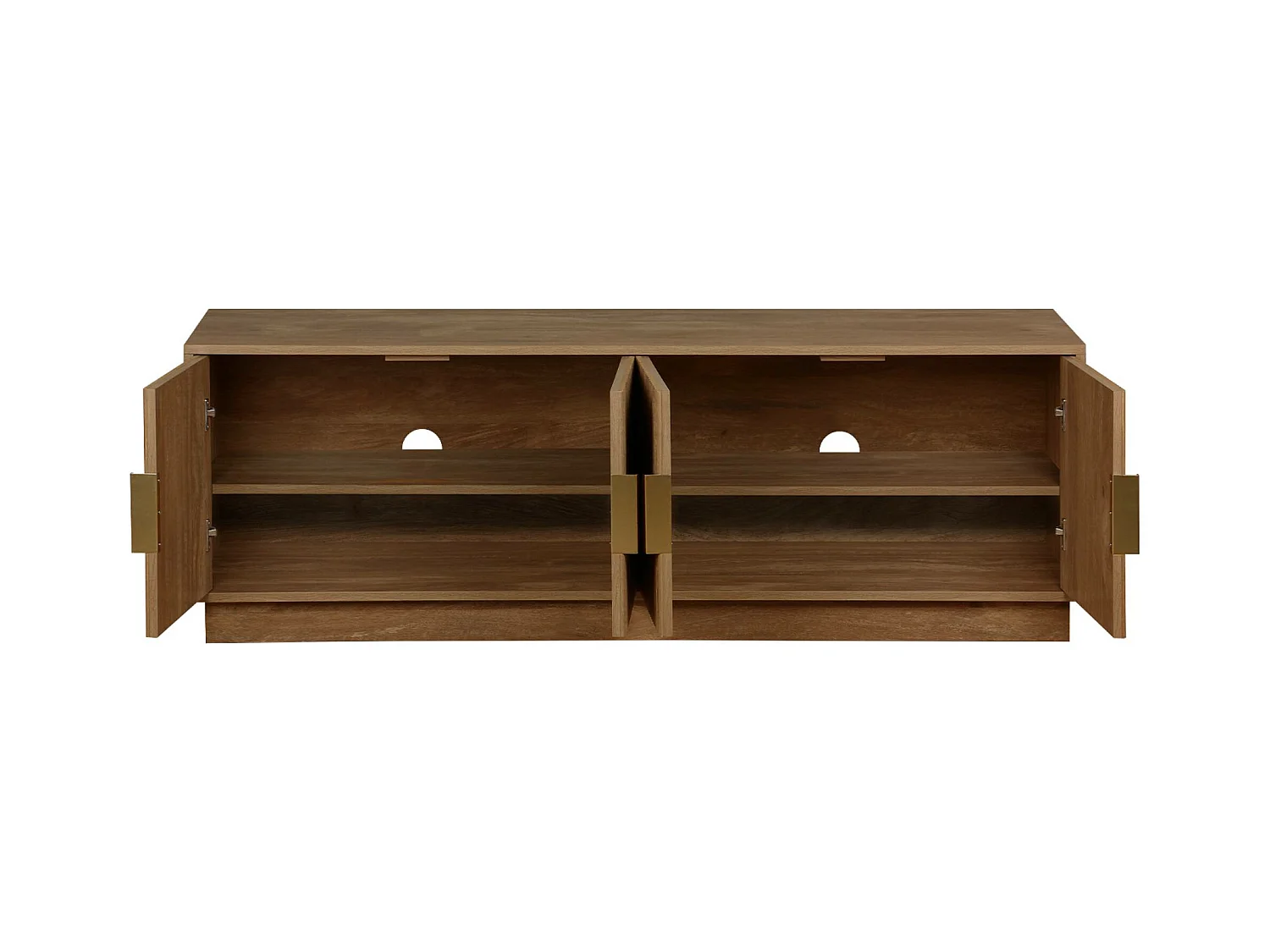 Meuble TV exotique 4 portes décor bois de manguier. poignées en métal doré L 140 x P 40 x H 48cm
