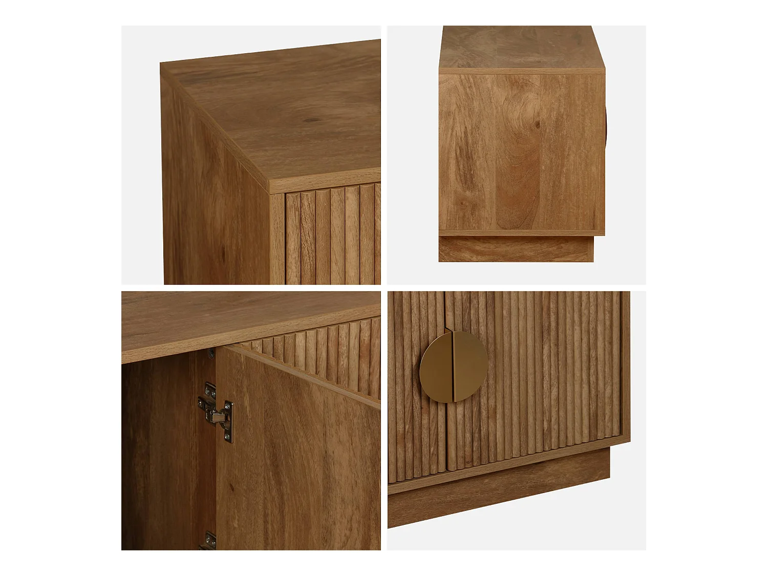 Meuble TV exotique 4 portes décor bois de manguier. poignées en métal doré L 140 x P 40 x H 48cm