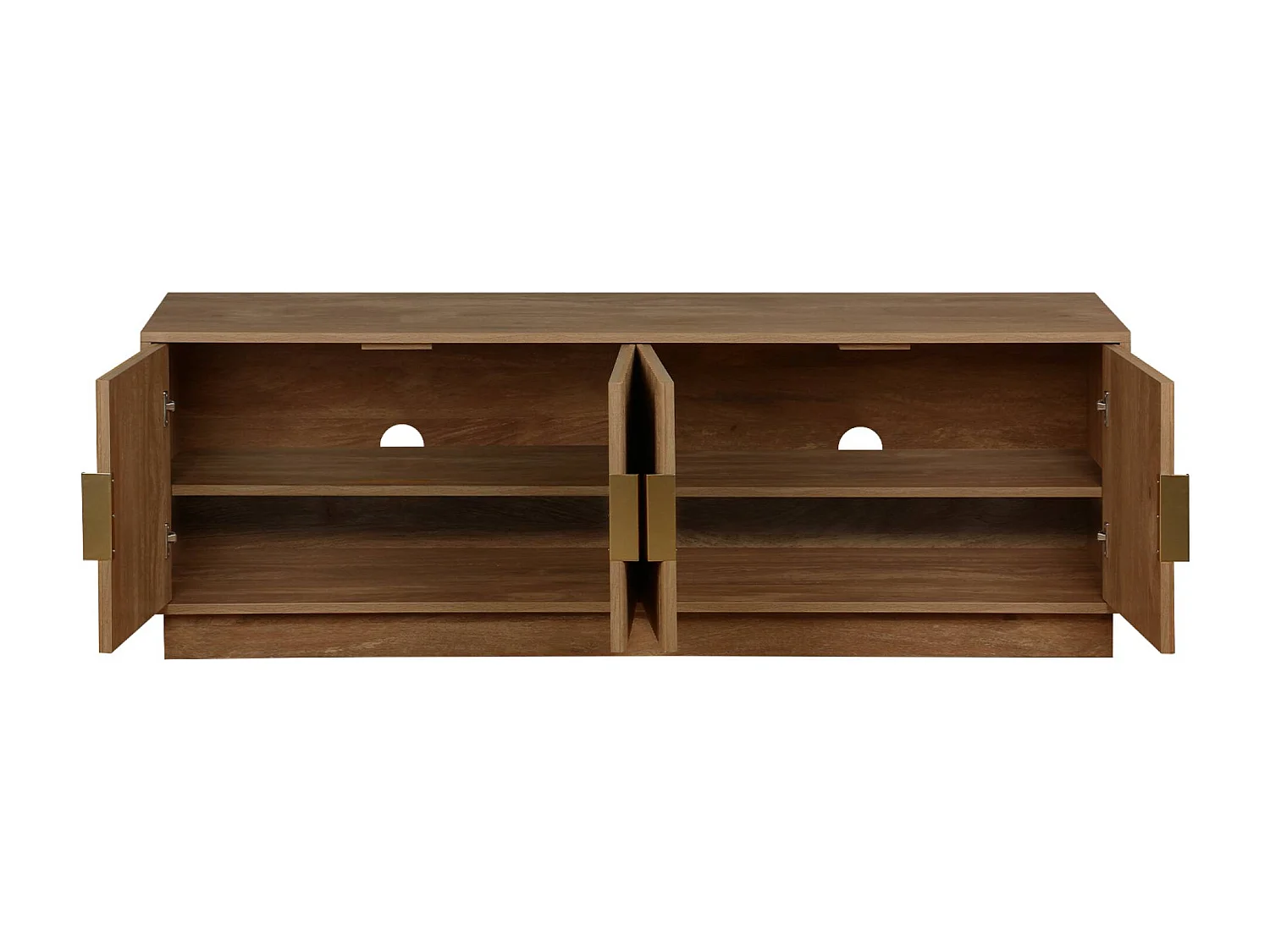 Meuble TV exotique 4 portes décor bois de manguier. poignées en métal doré L 140 x P 40 x H 48cm