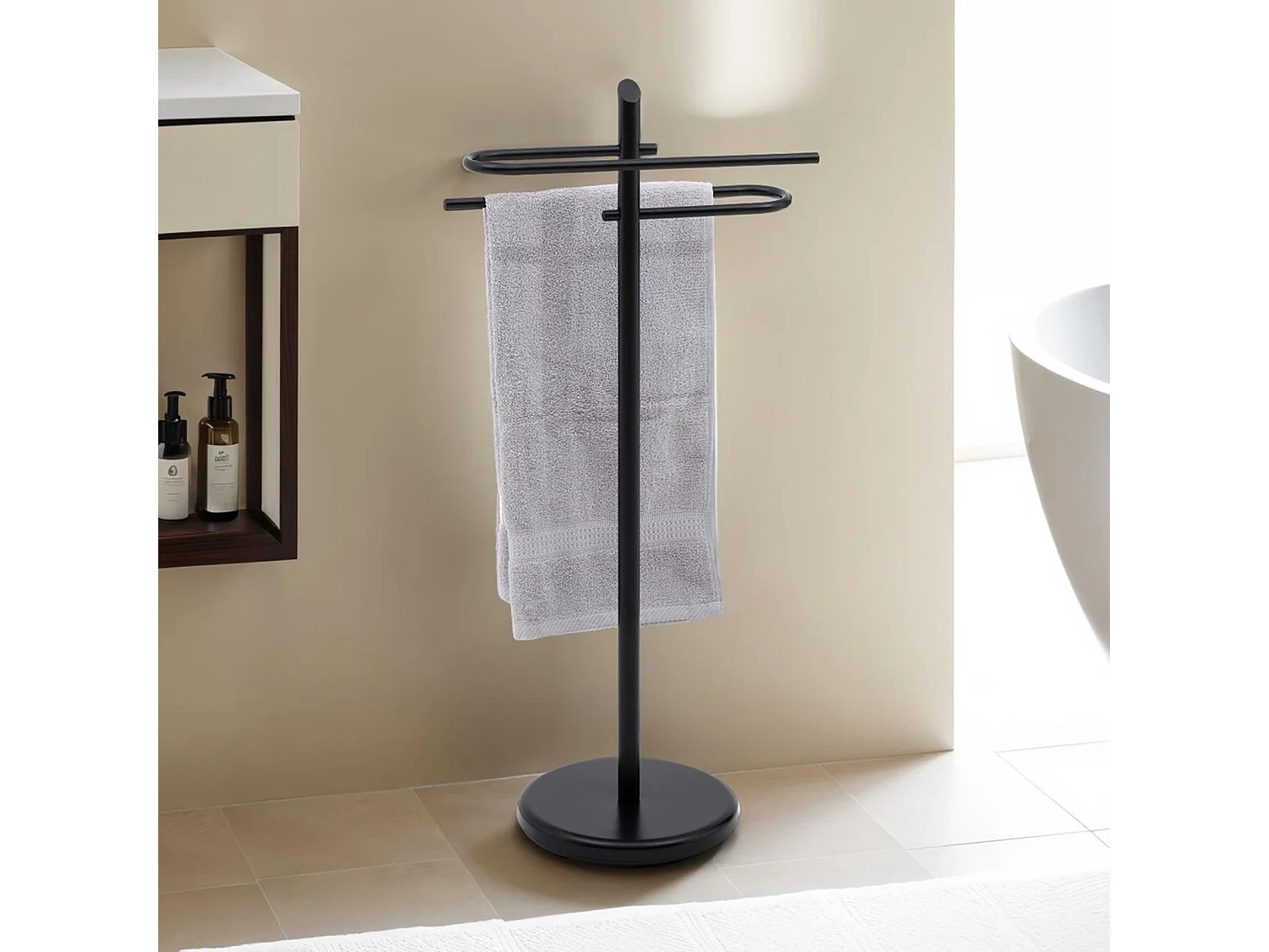 Porte-serviettes MIRO, support à serviettes sur pied pour salle de bain en métal laqué noir