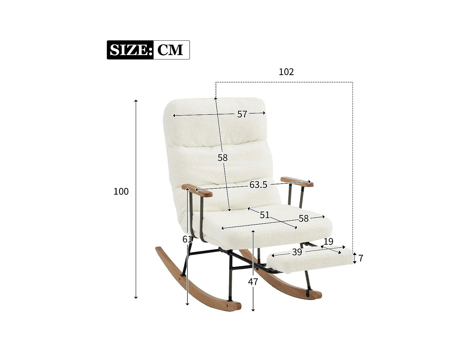 Fauteuil à bascule、Rocking chair - avec pédale - Blanc