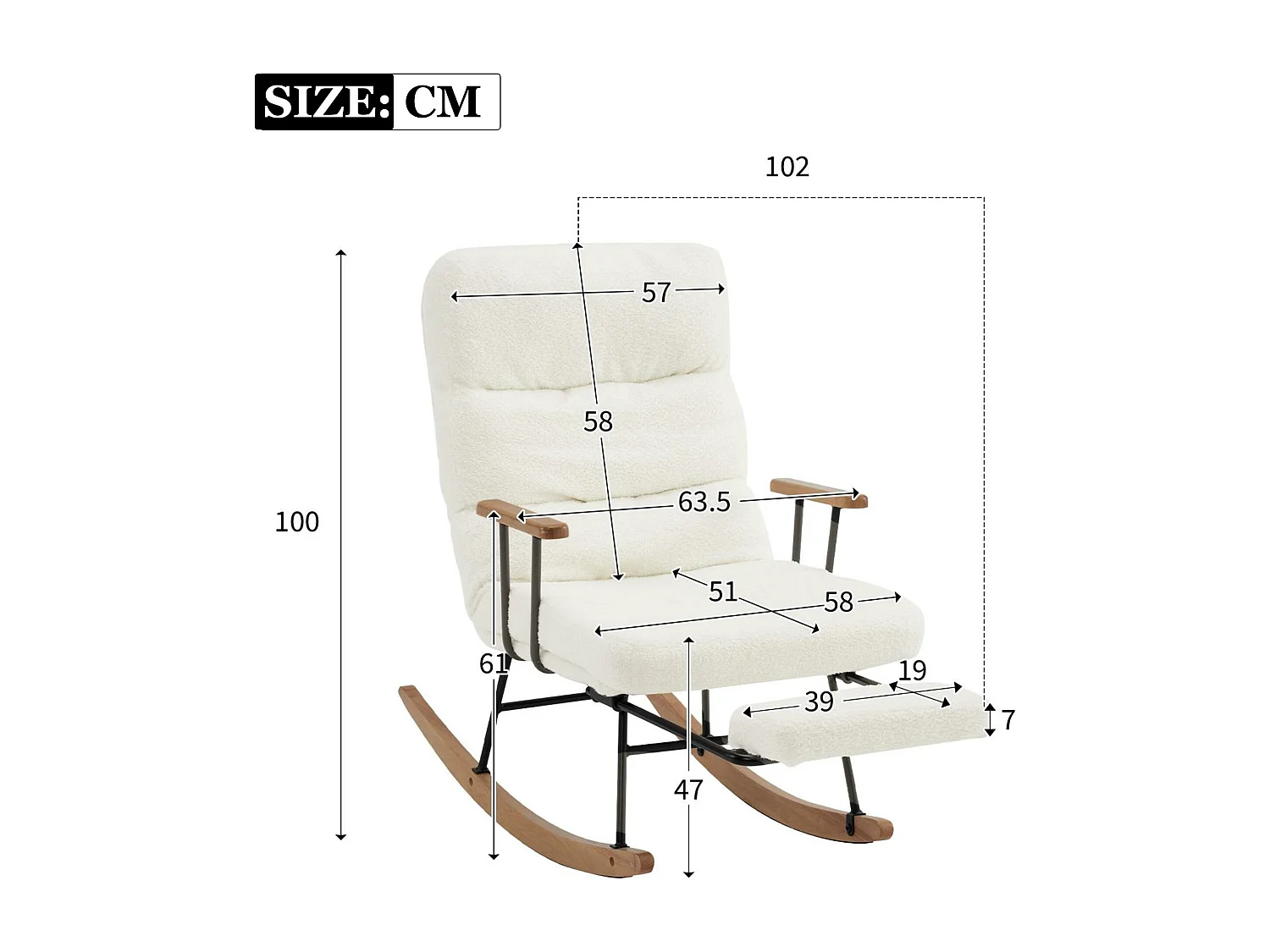 Fauteuil à bascule、Rocking chair - avec pédale - Blanc