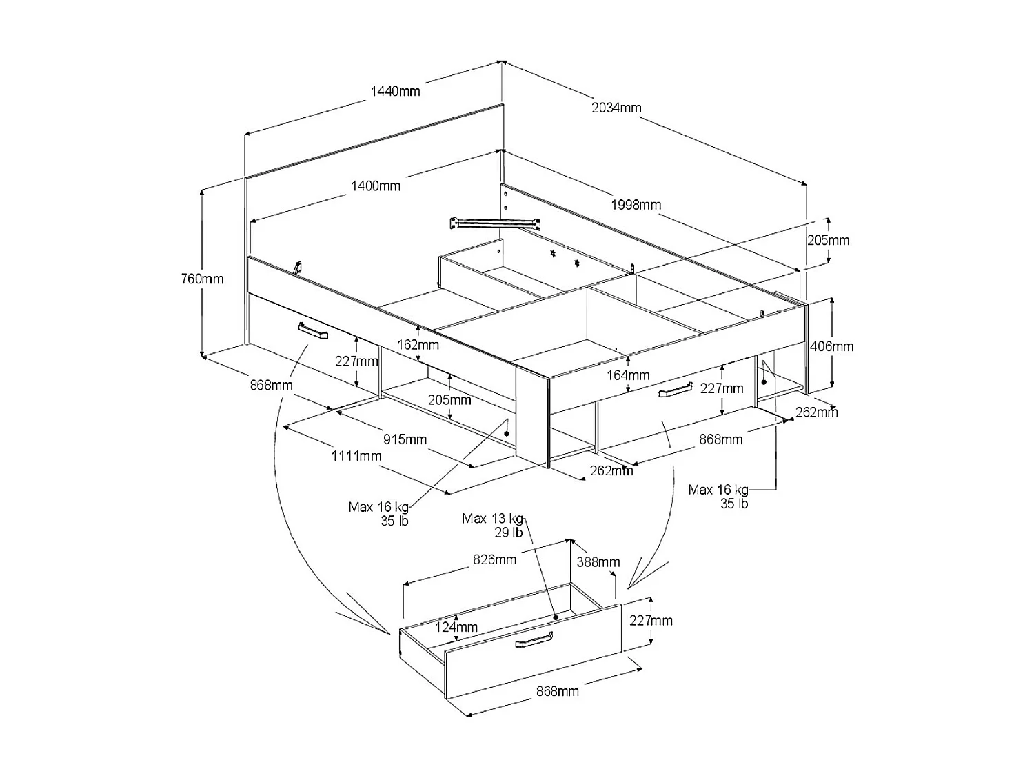 Łóżko 140 x 190/200 cm  ze skrzynią i - Naturalny i czarny + Stelaż - KINSELIA