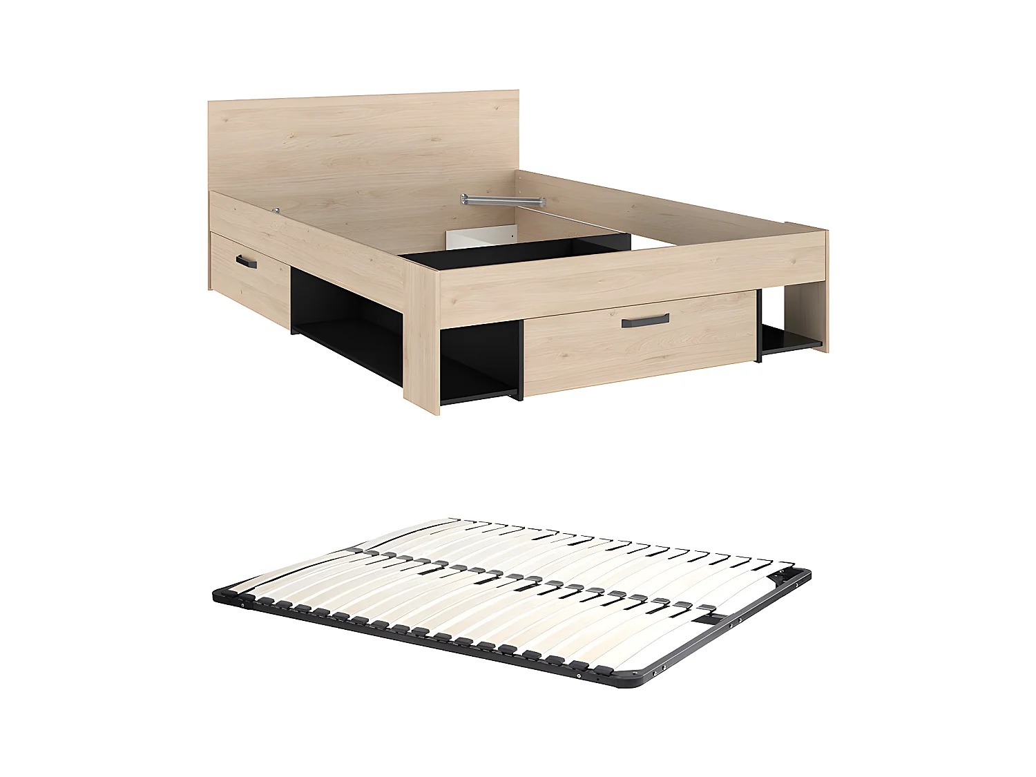Bett 140 x 190/200 mit Stauraum + Lattenrost - Holzfarben & Schwarz - KINSELIA
