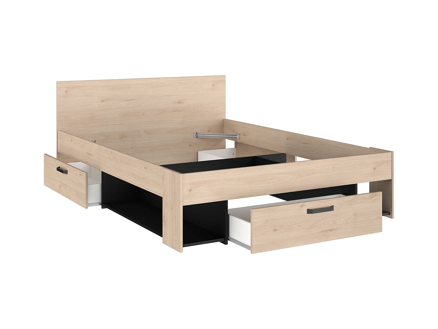 Bett 140 x 190/200 mit Stauraum + Lattenrost - Holzfarben & Schwarz - KINSELIA