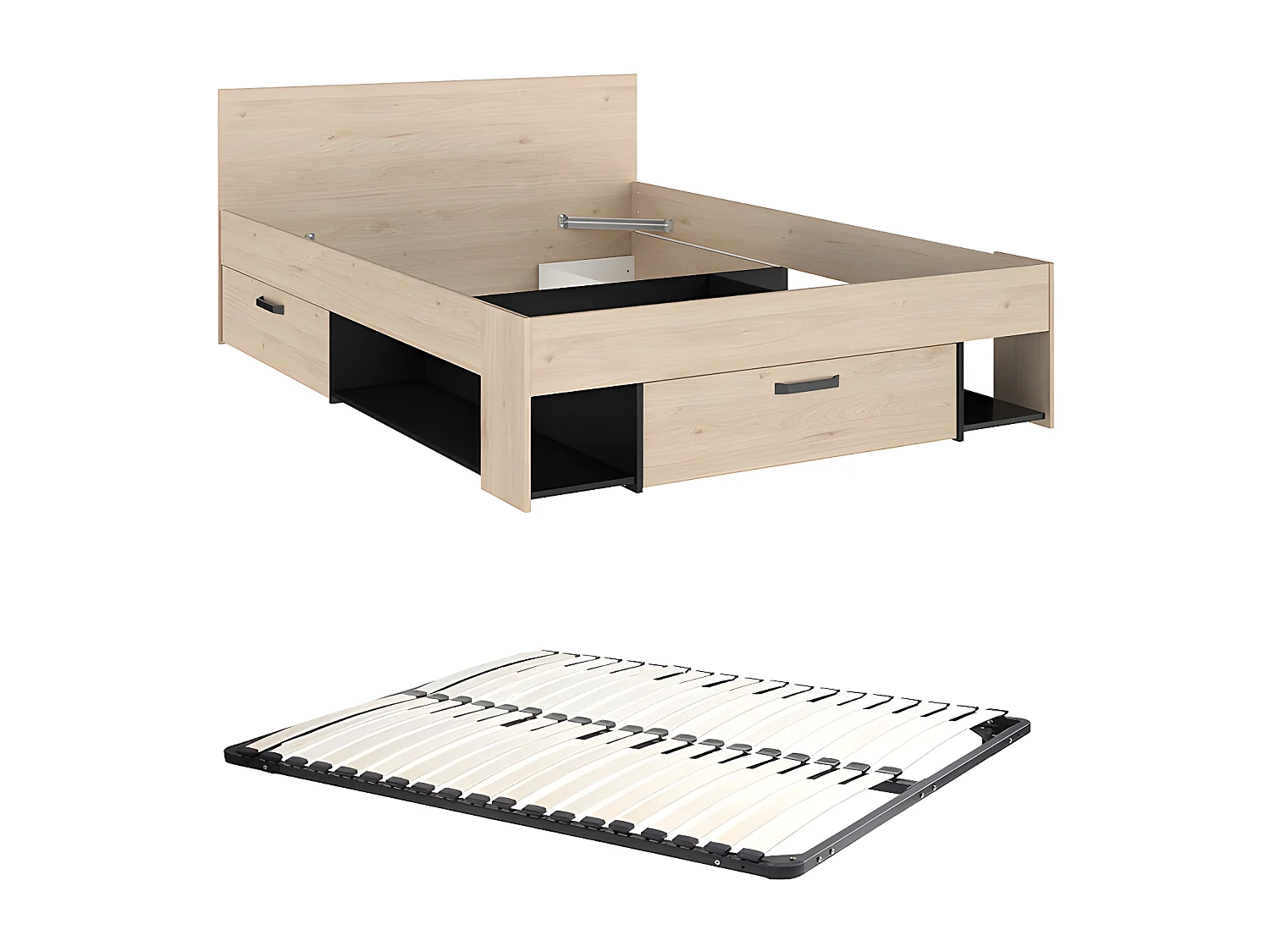 Bed 140 x 190/200 cm met opbergruimte - Kleur: naturel en zwart + bedbodem - KINSELIA