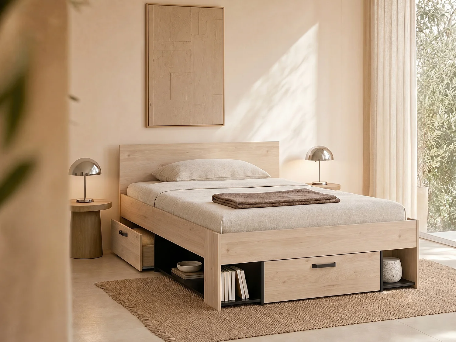 Letto 140 x 190/200 cm Con vani portaoggetti  Naturale e Nero + Rete  - KINSELIA