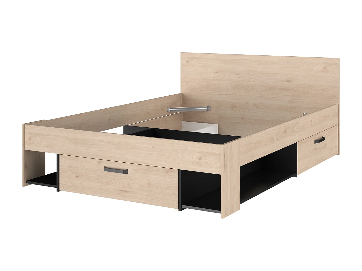 Lit 140 x 190/200 cm avec rangements - Coloris : Naturel et noir + Sommier + Matelas - KINSELIA