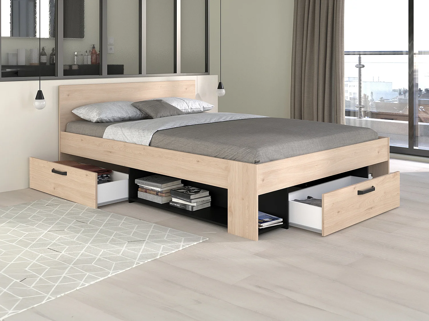 Lit 140 x 190/200 cm avec rangements - Coloris : Naturel et noir + Sommier + Matelas - KINSELIA
