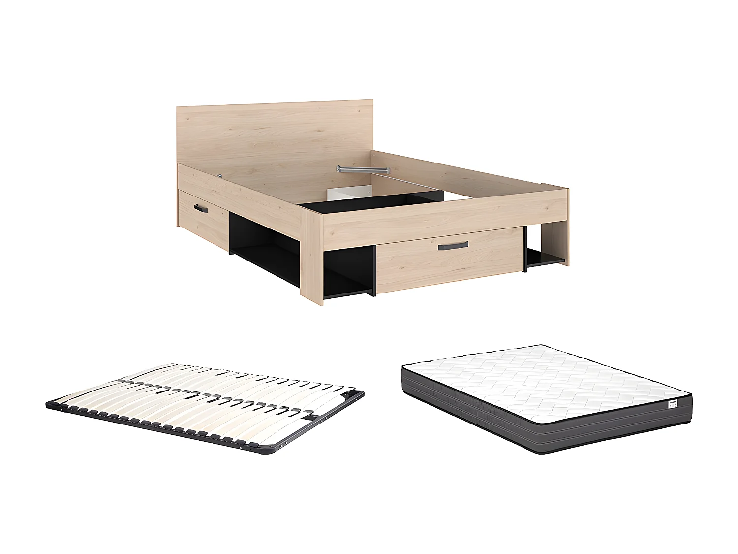 Lit 140 x 190/200 cm avec rangements - Coloris : Naturel et noir + Sommier + Matelas - KINSELIA
