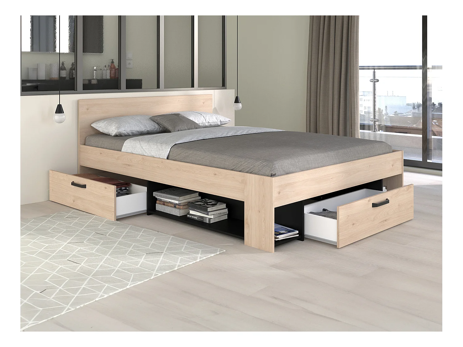 Cama 140 x 190/200 cm con almacenamiento - Color: Natural y negro + Somier + Colchón - KINSELIA